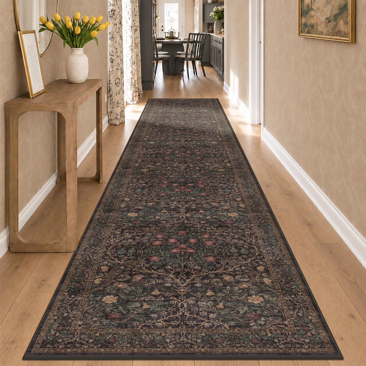 Floral Dark Green Washable Area Rugs 8x10, Vintage Living Room Rug