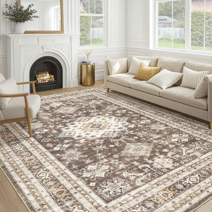 cotiled 9x12 Area Rug for Living Room, Washable, Traditional, Beige