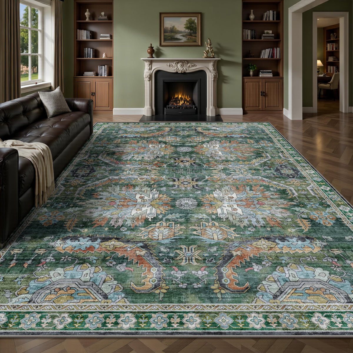 8x10 Area Rugs for Living Room - Washable Vintage Retro Large Rug, Soft Ultra Thin Non Slip Low Pile Traditional Distressed Boho Carpet for Bedroom Dining Room Home Office, Charcoal Olive