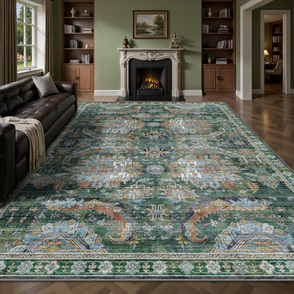 8x10 Area Rugs for Living Room - Washable Vintage Retro Large Rug, Soft Ultra Thin Non Slip Low Pile Traditional Distressed Boho Carpet for Bedroom Dining Room Home Office, Charcoal Olive
