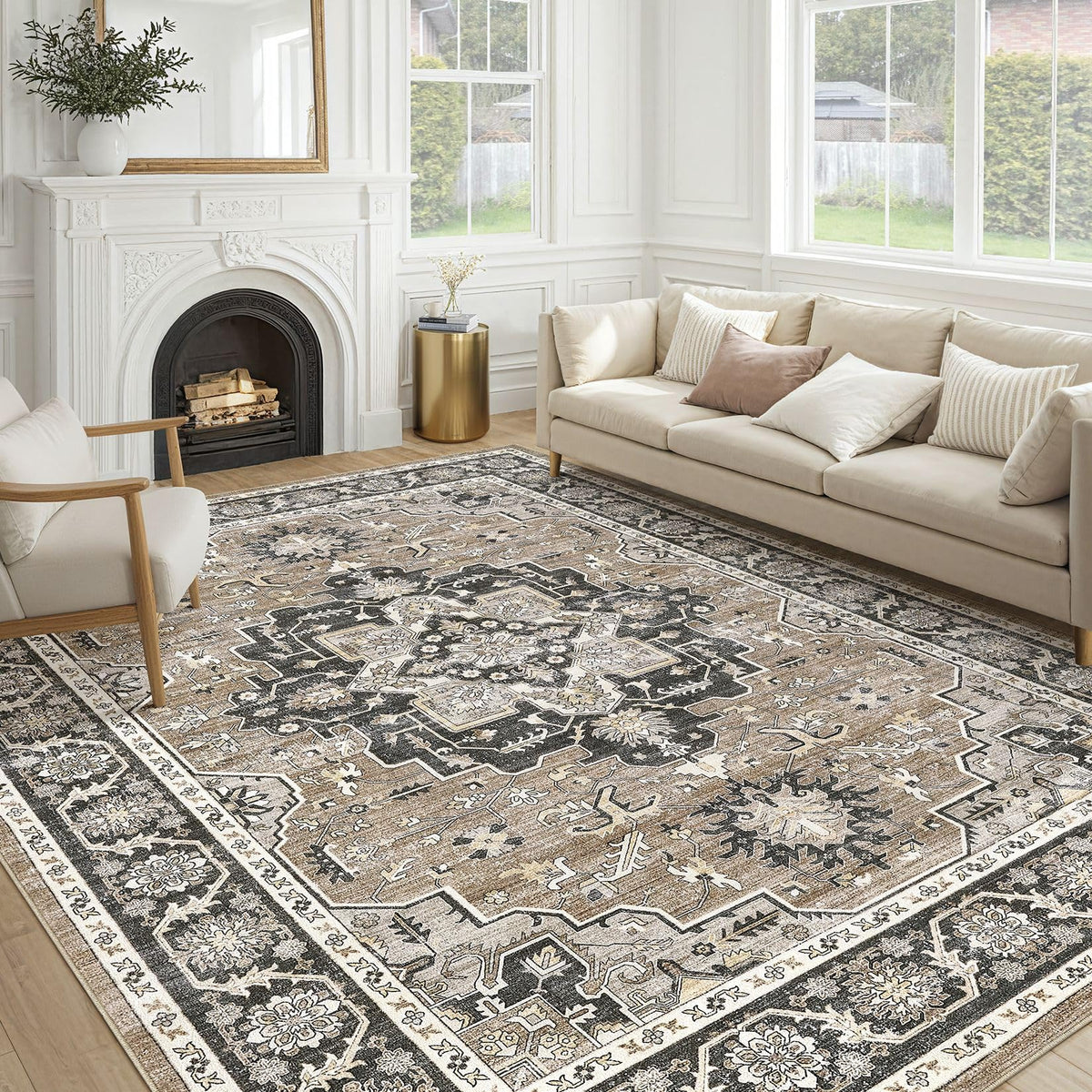 cotiled 9x12 Area Rug for Living Room, Washable, Traditional, Beige