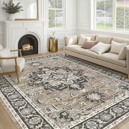 cotiled 9x12 Area Rug for Living Room, Washable, Traditional, Beige