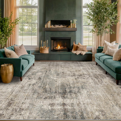Farmhouse 8x10 Washable Area Rugs for Living Room, Neutral Taupe Brown Abstract Rug for Dining Room and Bedroom, Soft Foldable Low Pile Carpet, Stain Resistant Non-Slip Backing, Distressed Design