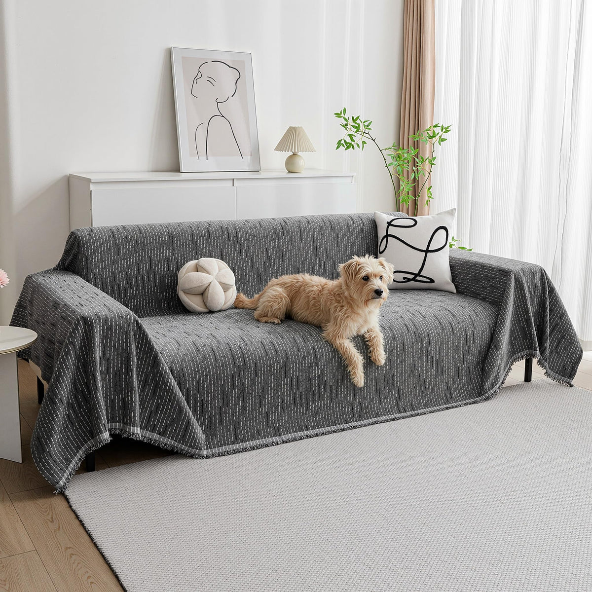 MYSKY HOME Sofa Covers for 2 Cushion Couch L Shaped Couch Cover Washable Couch Cover with Tassels Boho Couch Covers Non Slip Super Universal Soft Sofa Slipcover for Kids, Dogs, Pets, 71"x118", White