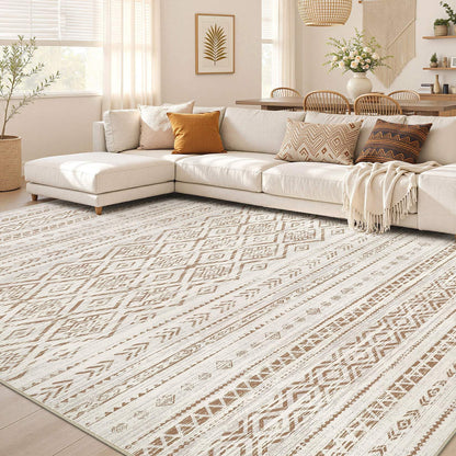 Nakagishi 10X14 Area Rugs for Living Room: Washable Modern Abstract Rug with Non-Slip Silicone Backing Low Pile Soft Carpet for Bedroom & Dining Decor Ideal for Families with Kids and Pets-Brown