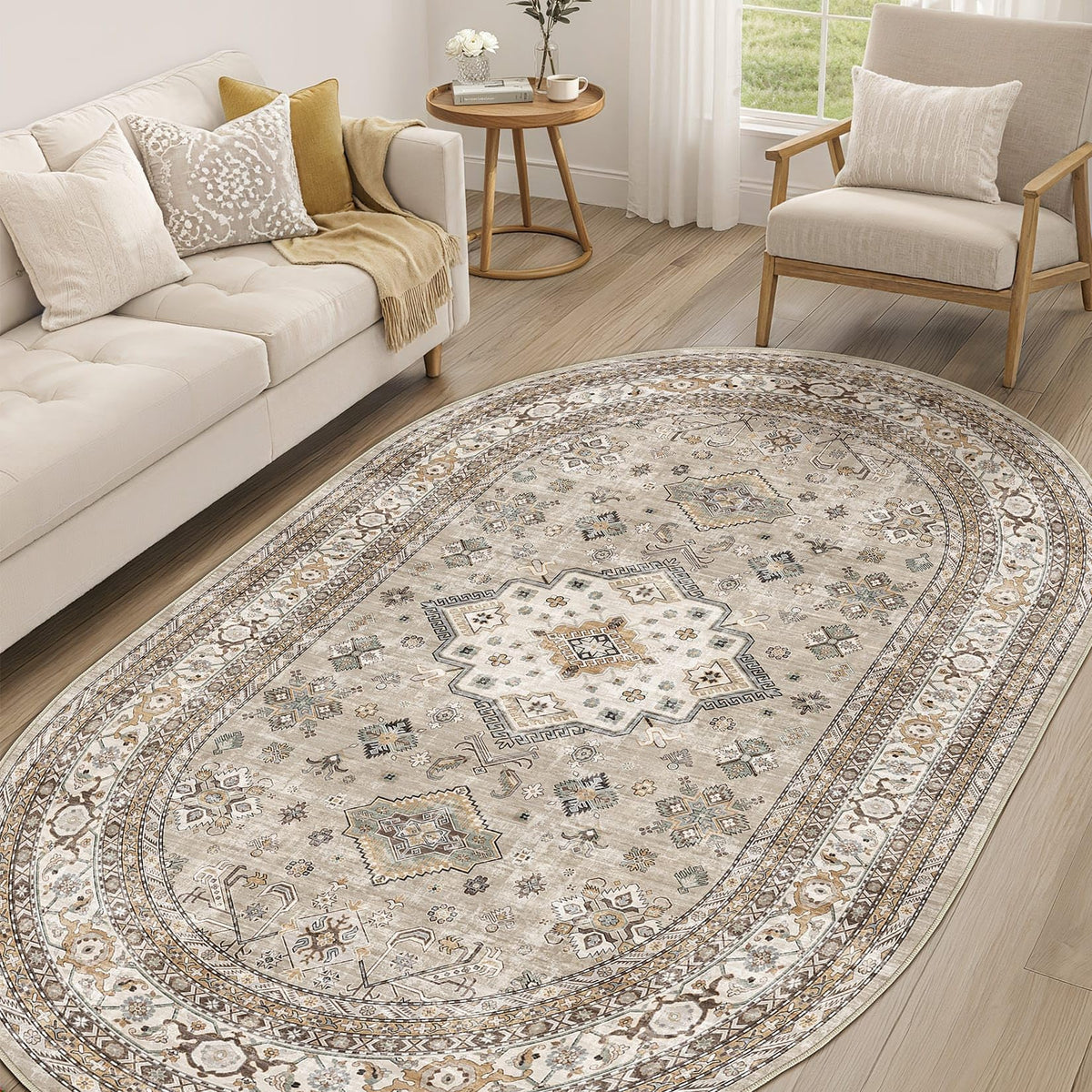 cotiled 9x12 Area Rug for Living Room, Washable, Traditional, Beige