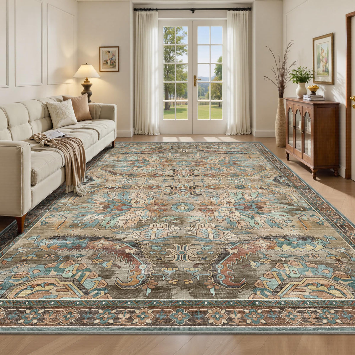 8x10 Area Rugs for Living Room - Washable Vintage Retro Large Rug, Soft Ultra Thin Non Slip Low Pile Traditional Distressed Boho Carpet for Bedroom Dining Room Home Office, Charcoal Olive