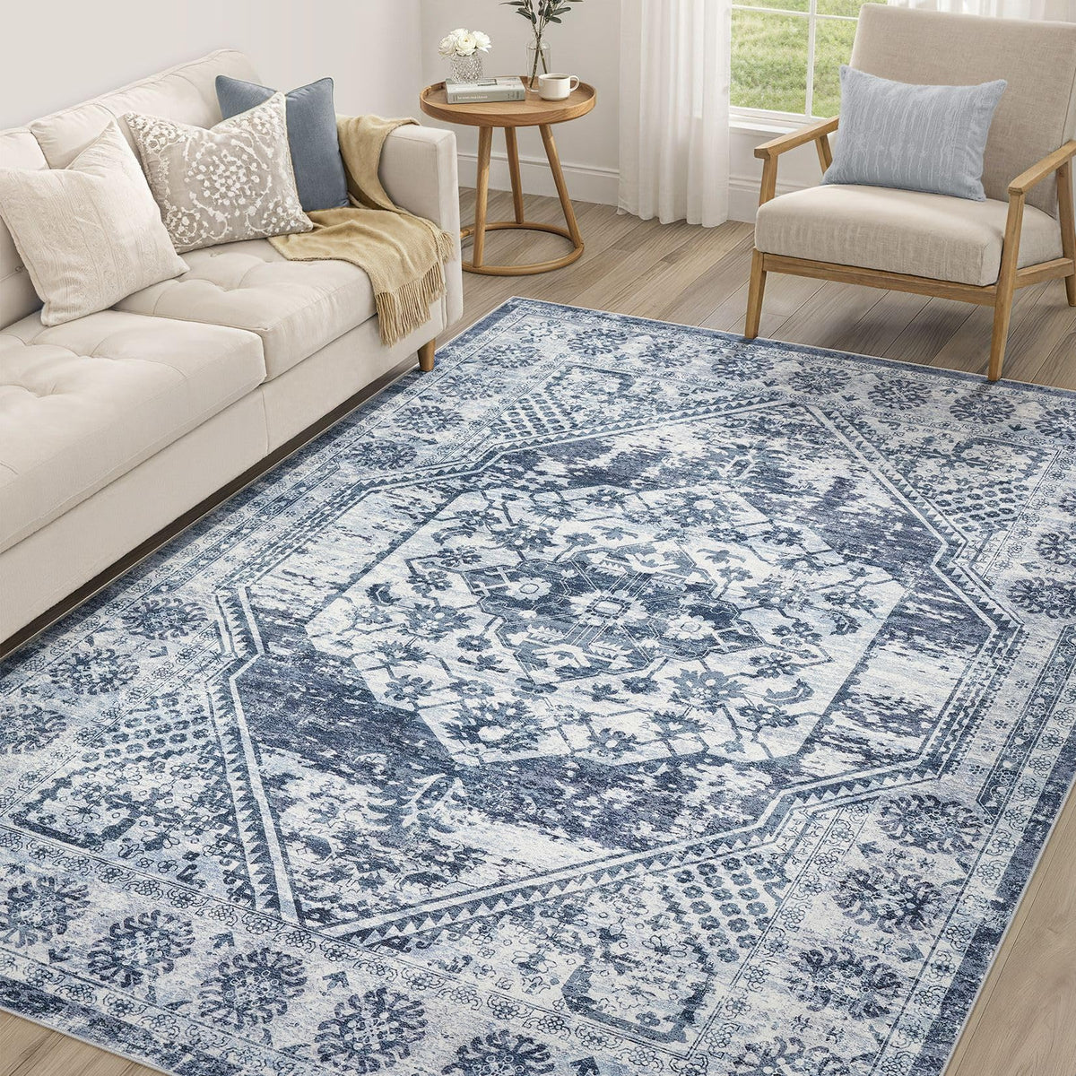 cotiled 9x12 Area Rug for Living Room, Washable, Traditional, Beige
