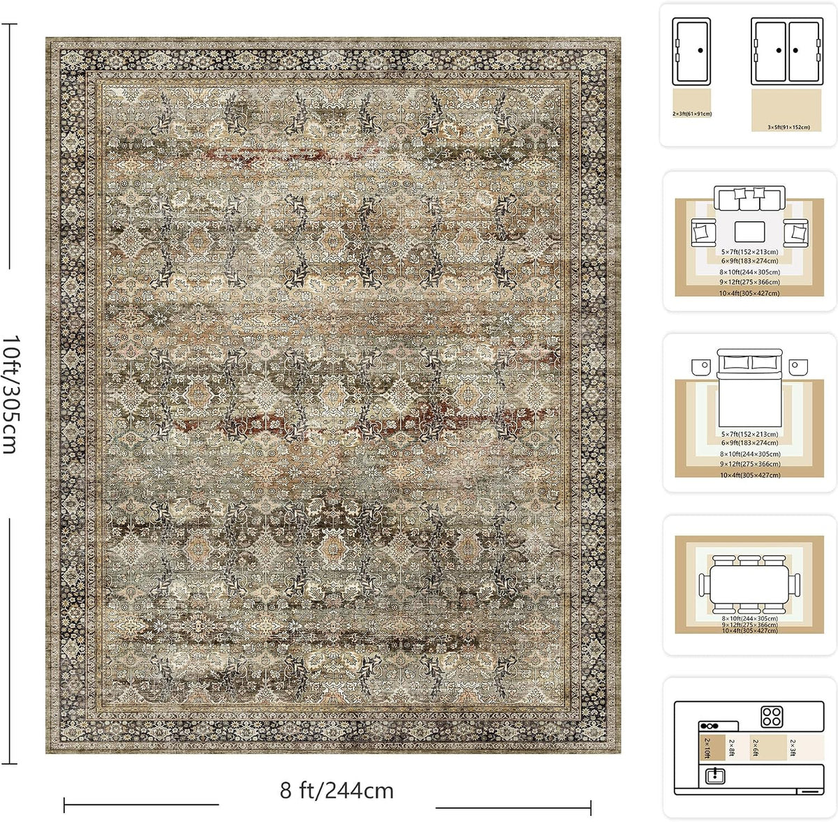 8x10 Area Rugs for Living Room - Washable Vintage Retro Large Rug, Soft Ultra Thin Non Slip Low Pile Traditional Distressed Boho Carpet for Bedroom Dining Room Home Office, Charcoal Olive