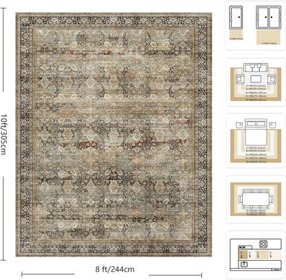 8x10 Area Rugs for Living Room - Washable Vintage Retro Large Rug, Soft Ultra Thin Non Slip Low Pile Traditional Distressed Boho Carpet for Bedroom Dining Room Home Office, Charcoal Olive