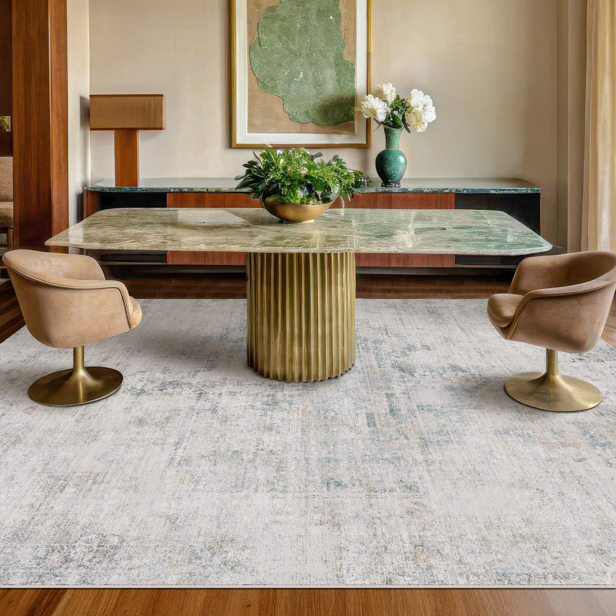 Farmhouse 8x10 Washable Area Rugs for Living Room, Neutral Taupe Brown Abstract Rug for Dining Room and Bedroom, Soft Foldable Low Pile Carpet, Stain Resistant Non-Slip Backing, Distressed Design