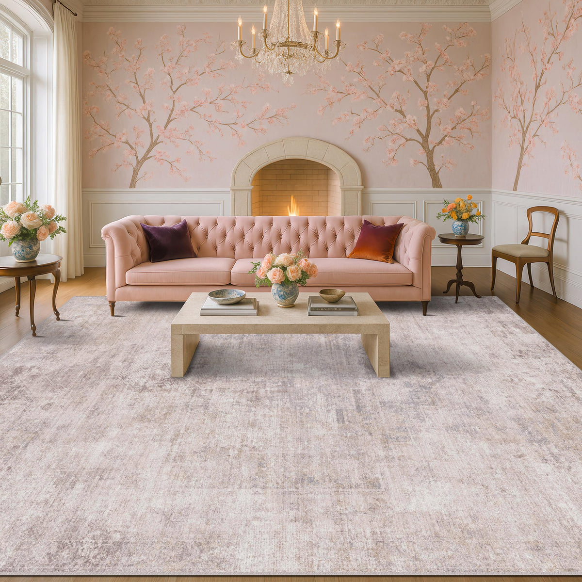 Farmhouse 8x10 Washable Area Rugs for Living Room, Neutral Taupe Brown Abstract Rug for Dining Room and Bedroom, Soft Foldable Low Pile Carpet, Stain Resistant Non-Slip Backing, Distressed Design