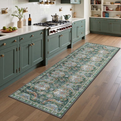 8x10 Area Rugs for Living Room - Washable Vintage Retro Large Rug, Soft Ultra Thin Non Slip Low Pile Traditional Distressed Boho Carpet for Bedroom Dining Room Home Office, Charcoal Olive