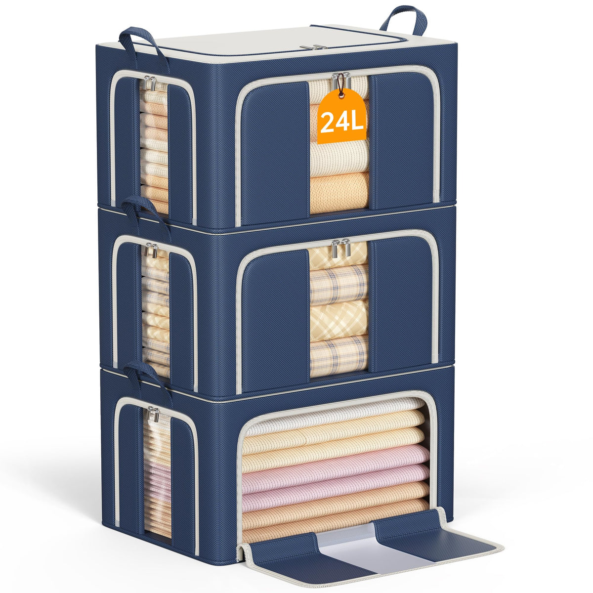 Clothes Storage Bins with Metal Frame, Foldable Clothes Organizers Storage Containers for Clothes, Sheets, Blankets, Pillows and Towels (24L, 3 Pack) Beige