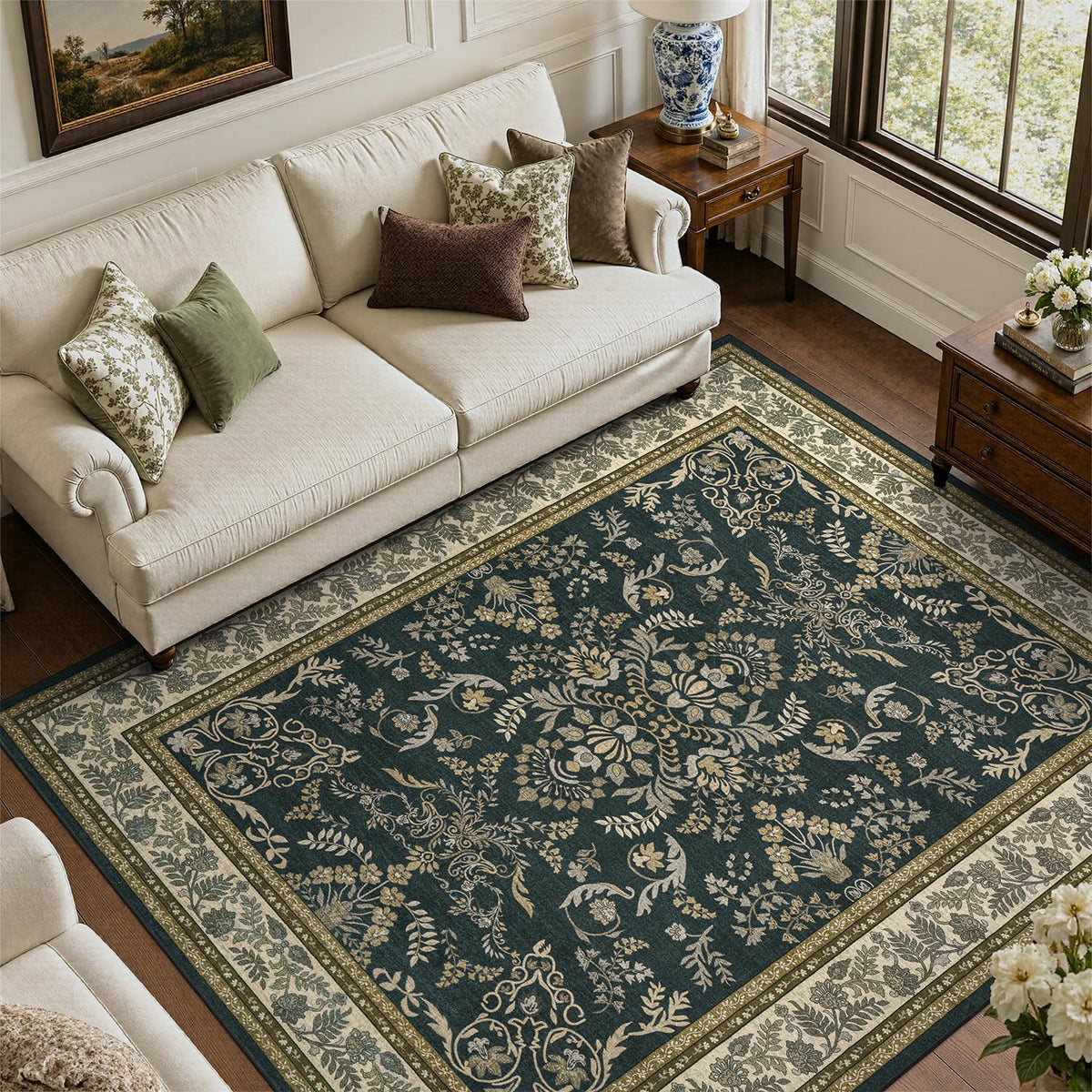 DCX 8x10 Area Rug Living Room: Washable Botanical Carpet Blue and Green
