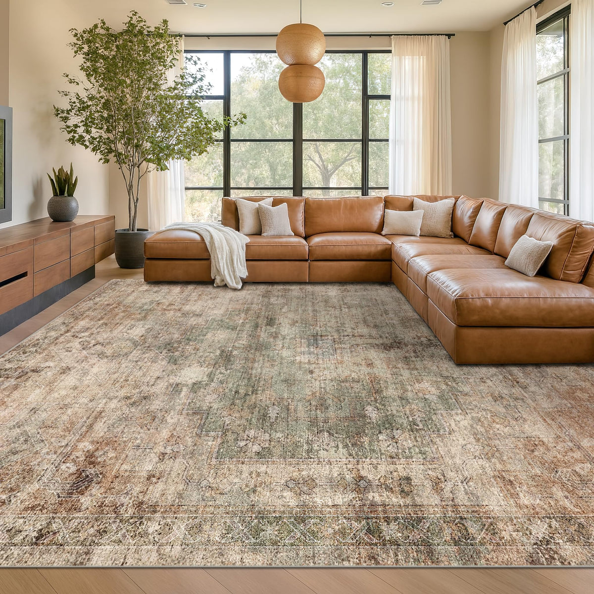 Farmhouse 8x10 Washable Area Rugs for Living Room, Neutral Taupe Brown Abstract Rug for Dining Room and Bedroom, Soft Foldable Low Pile Carpet, Stain Resistant Non-Slip Backing, Distressed Design