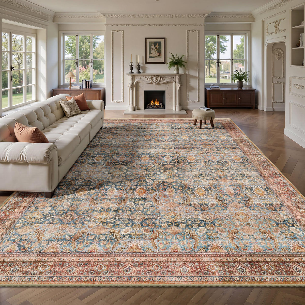 8x10 Area Rugs for Living Room - Washable Vintage Retro Large Rug, Soft Ultra Thin Non Slip Low Pile Traditional Distressed Boho Carpet for Bedroom Dining Room Home Office, Charcoal Olive