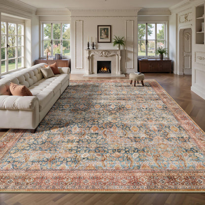 8x10 Area Rugs for Living Room - Washable Vintage Retro Large Rug, Soft Ultra Thin Non Slip Low Pile Traditional Distressed Boho Carpet for Bedroom Dining Room Home Office, Charcoal Olive