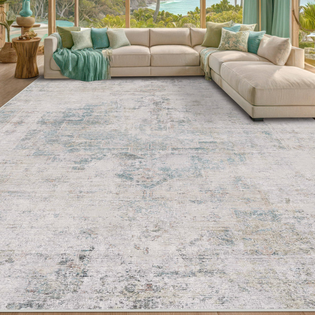 Farmhouse 8x10 Washable Area Rugs for Living Room, Neutral Taupe Brown Abstract Rug for Dining Room and Bedroom, Soft Foldable Low Pile Carpet, Stain Resistant Non-Slip Backing, Distressed Design
