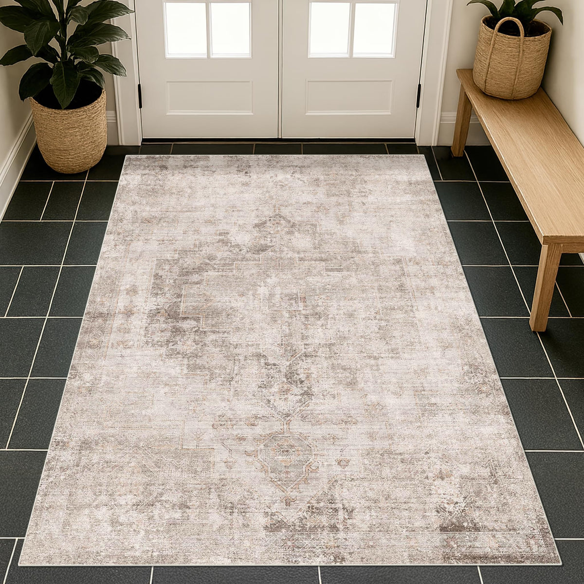 Farmhouse 8x10 Washable Area Rugs for Living Room, Neutral Taupe Brown Abstract Rug for Dining Room and Bedroom, Soft Foldable Low Pile Carpet, Stain Resistant Non-Slip Backing, Distressed Design
