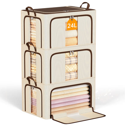 Clothes Storage Bins with Metal Frame, Foldable Clothes Organizers Storage Containers for Clothes, Sheets, Blankets, Pillows and Towels (24L, 3 Pack) Beige