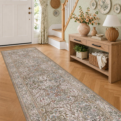 Floral Dark Green Washable Area Rugs 8x10, Vintage Living Room Rug