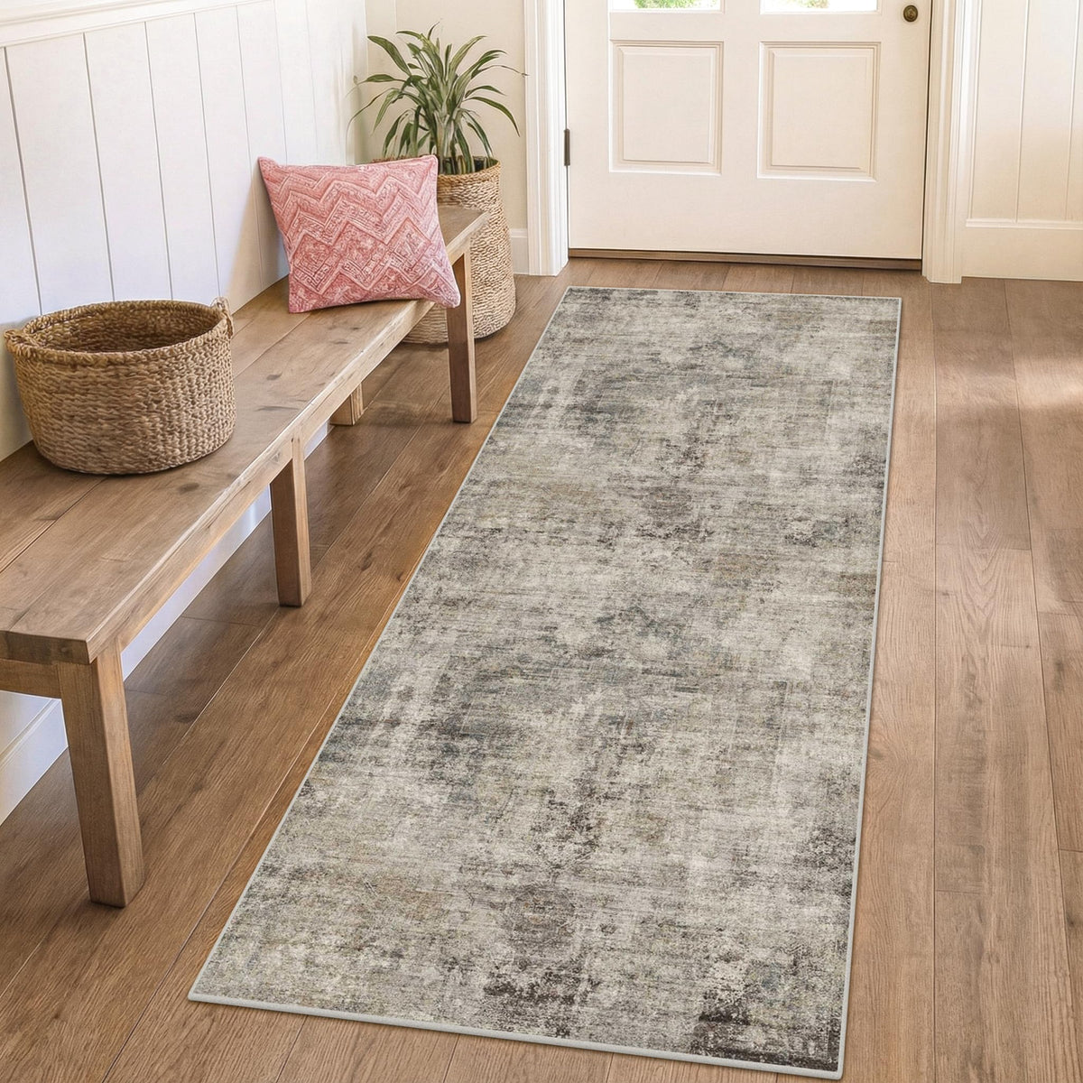 Farmhouse 8x10 Washable Area Rugs for Living Room, Neutral Taupe Brown Abstract Rug for Dining Room and Bedroom, Soft Foldable Low Pile Carpet, Stain Resistant Non-Slip Backing, Distressed Design