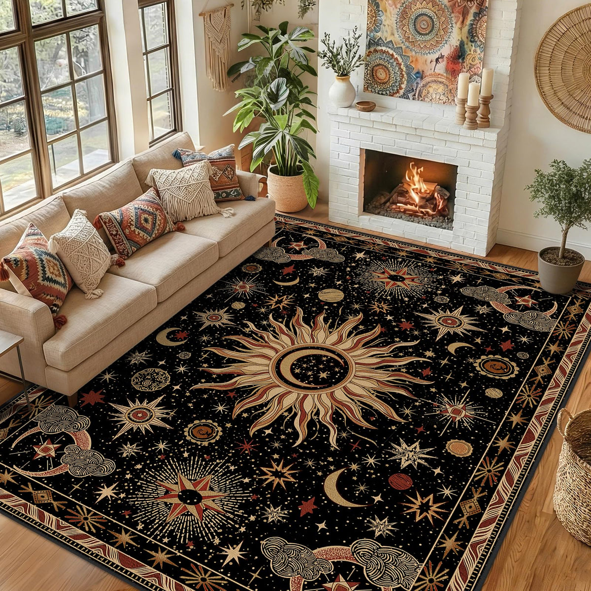 Vacuum-Friendly, 8x10 Washable Area Rug, Black Gold Beige Red