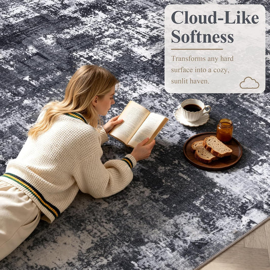 Sasttie 8x10 Washable Area Rug, Modern Abstract Large Carpet, Black & White