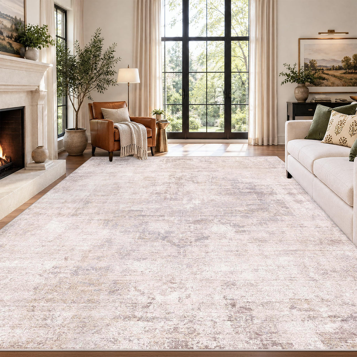 Farmhouse 8x10 Washable Area Rugs for Living Room, Neutral Taupe Brown Abstract Rug for Dining Room and Bedroom, Soft Foldable Low Pile Carpet, Stain Resistant Non-Slip Backing, Distressed Design