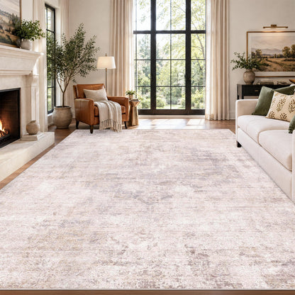Farmhouse 8x10 Washable Area Rugs for Living Room, Neutral Taupe Brown Abstract Rug for Dining Room and Bedroom, Soft Foldable Low Pile Carpet, Stain Resistant Non-Slip Backing, Distressed Design