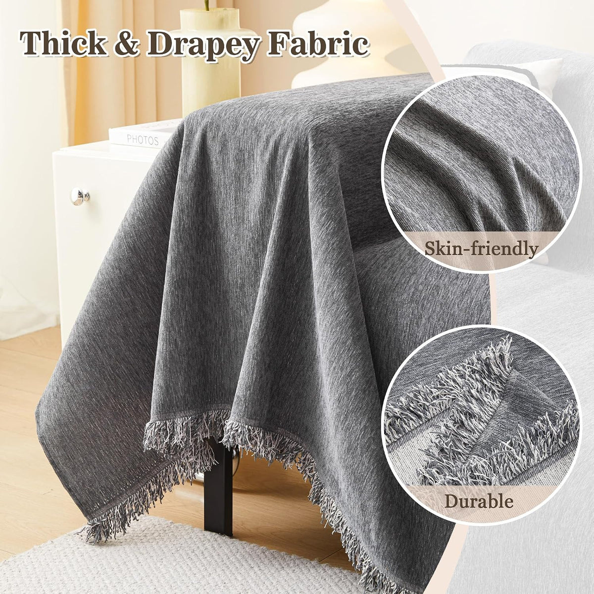 MEETSKY Couch Covers for Dogs, Washable Couch Covers, Pet Sofa Covers for 3 Cushion Couch, Chenille Thick Sectional Couch Cover Blanket Modern Furniture Protector Covers, 91" x 134", Dark Grey