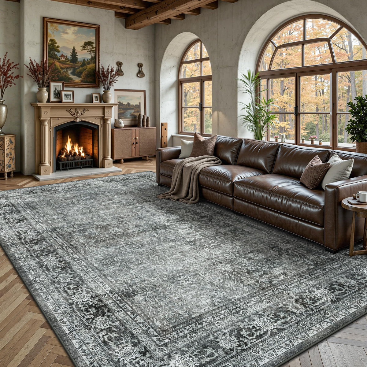 8x10 Area Rugs for Living Room - Washable Vintage Retro Large Rug, Soft Ultra Thin Non Slip Low Pile Traditional Distressed Boho Carpet for Bedroom Dining Room Home Office, Charcoal Olive