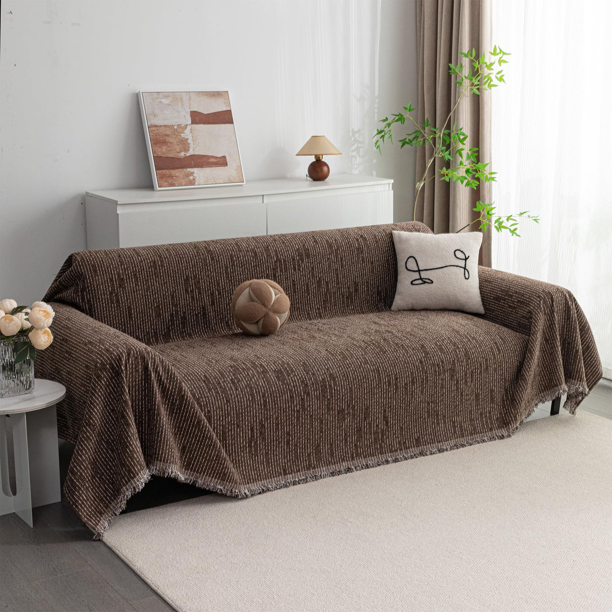 MYSKY HOME Sofa Covers for 2 Cushion Couch L Shaped Couch Cover Washable Couch Cover with Tassels Boho Couch Covers Non Slip Super Universal Soft Sofa Slipcover for Kids, Dogs, Pets, 71"x118", White
