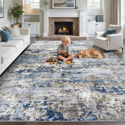 pmtsns Area Rugs 8x10 for Living Room: Washable Rug Modern Abstract Neutral Soft Non-Slip Low-Pile Indoor Large Carpet for Bedroom Dining Room Playroom Home Office (Blue Grey Brown, 8'x10')