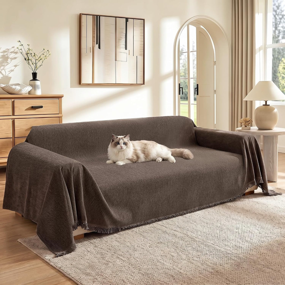 MEETSKY Couch Cover Sofa Covers Couch Covers for 3 Cushion Couch Sofa Pet Friendly, L Shaped Sectional Sofa Covers Washable Simply Put Sofa Throw Cover for Dogs, 91" x 134", Beige