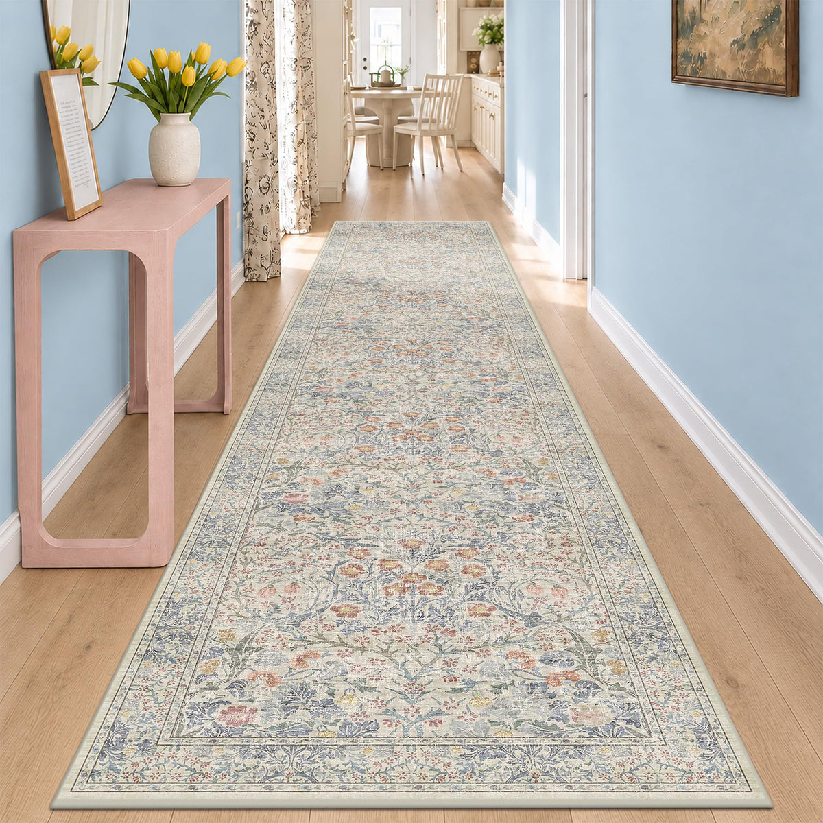 Floral Dark Green Washable Area Rugs 8x10, Vintage Living Room Rug