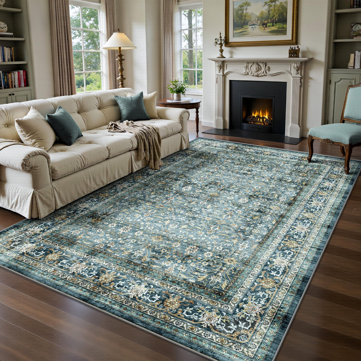 8x10 Area Rugs for Living Room - Washable Vintage Retro Large Rug, Soft Ultra Thin Non Slip Low Pile Traditional Distressed Boho Carpet for Bedroom Dining Room Home Office, Charcoal Olive