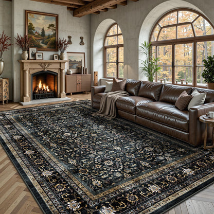 8x10 Area Rugs for Living Room - Washable Vintage Retro Large Rug, Soft Ultra Thin Non Slip Low Pile Traditional Distressed Boho Carpet for Bedroom Dining Room Home Office, Charcoal Olive