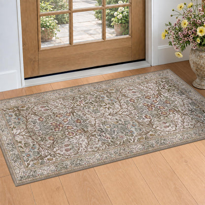 Floral Dark Green Washable Area Rugs 8x10, Vintage Living Room Rug