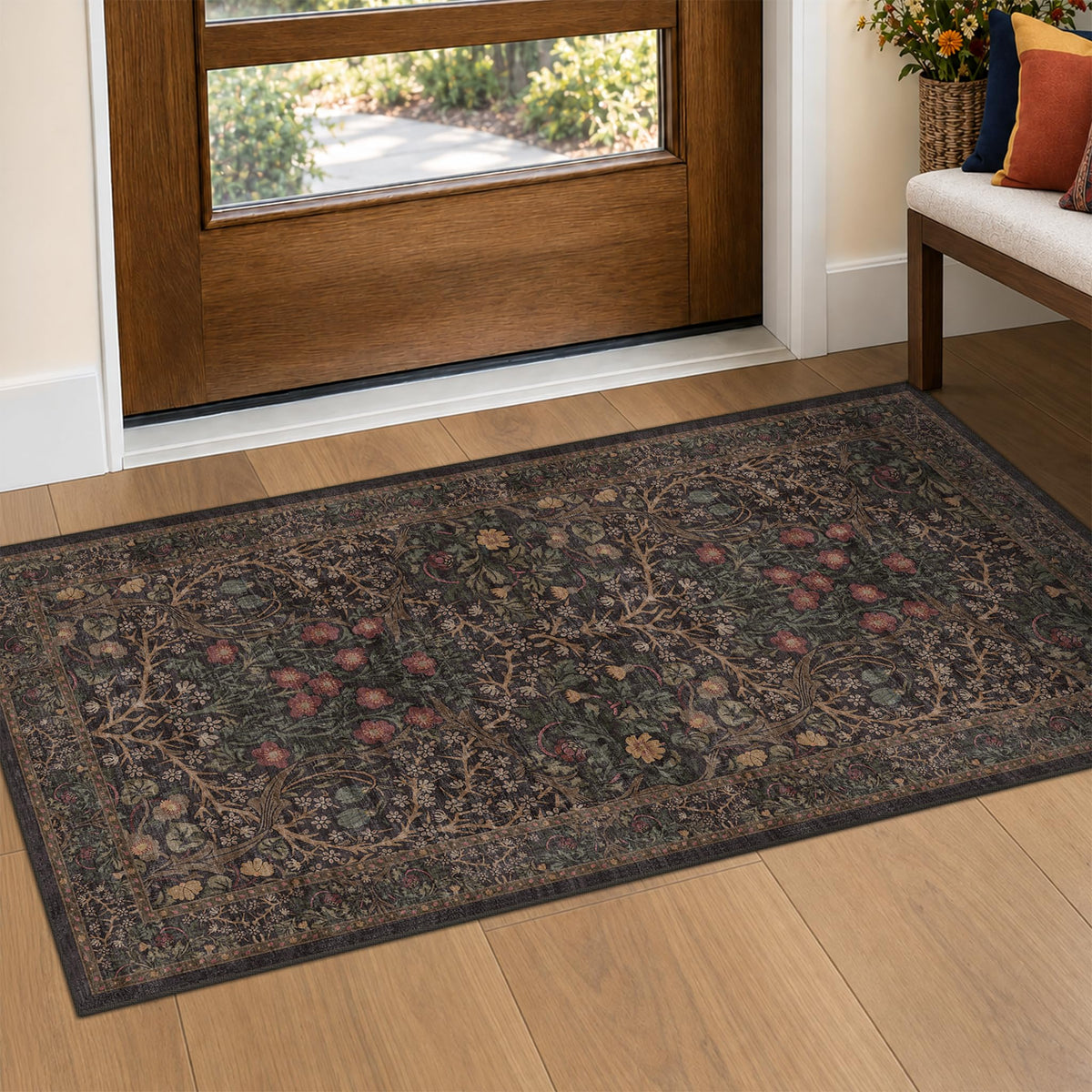 Floral Dark Green Washable Area Rugs 8x10, Vintage Living Room Rug