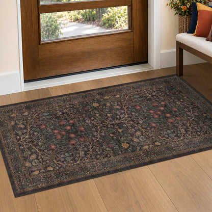 Floral Dark Green Washable Area Rugs 8x10, Vintage Living Room Rug
