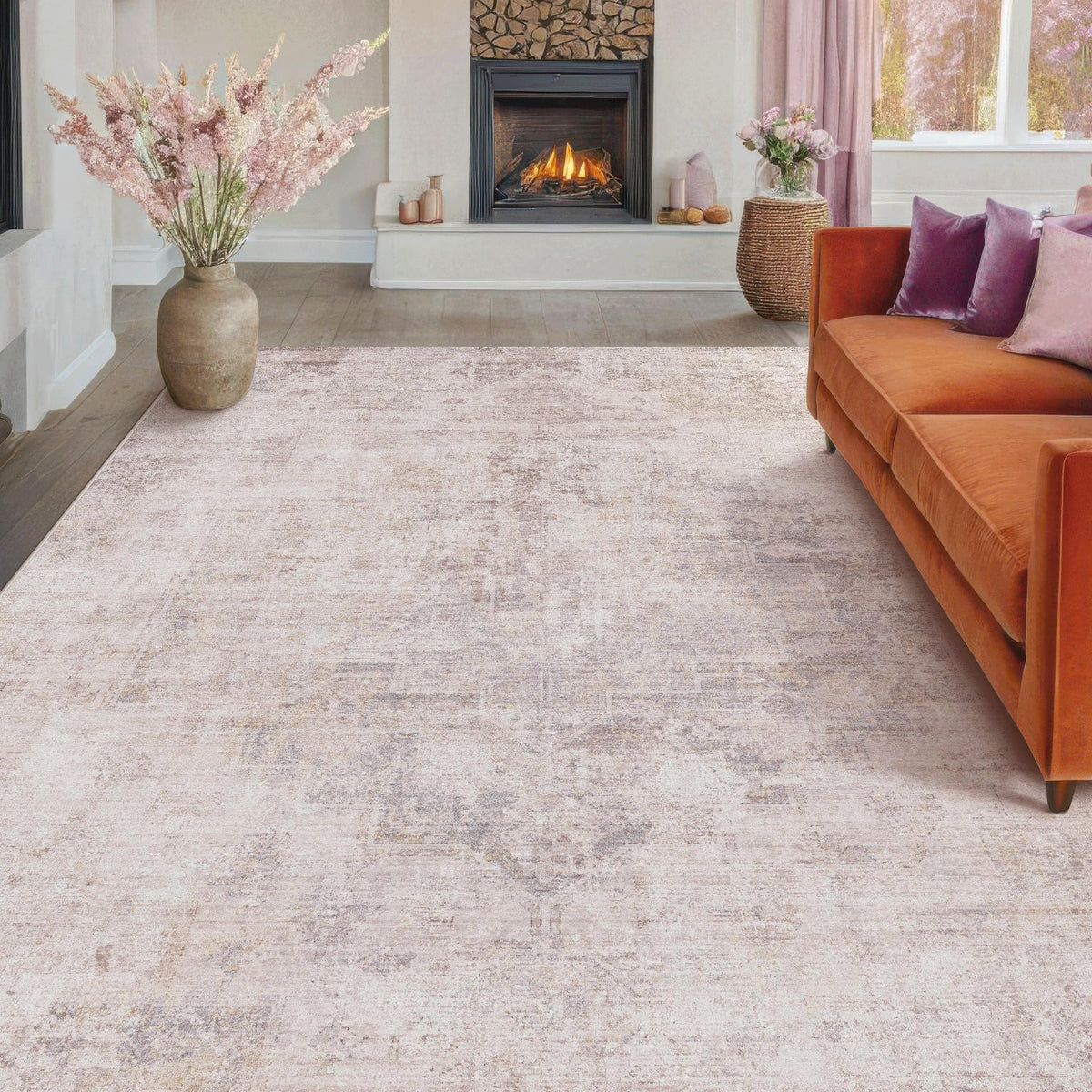 Farmhouse 8x10 Washable Area Rugs for Living Room, Neutral Taupe Brown Abstract Rug for Dining Room and Bedroom, Soft Foldable Low Pile Carpet, Stain Resistant Non-Slip Backing, Distressed Design