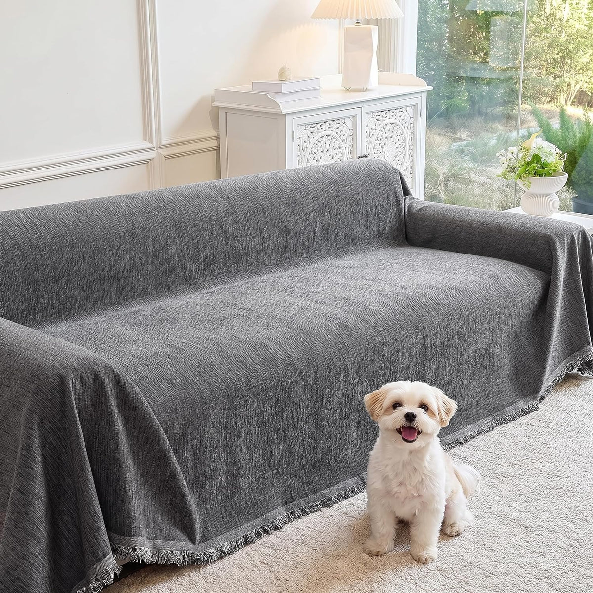 MEETSKY Couch Covers for Dogs, Washable Couch Covers, Pet Sofa Covers for 3 Cushion Couch, Chenille Thick Sectional Couch Cover Blanket Modern Furniture Protector Covers, 91" x 134", Dark Grey
