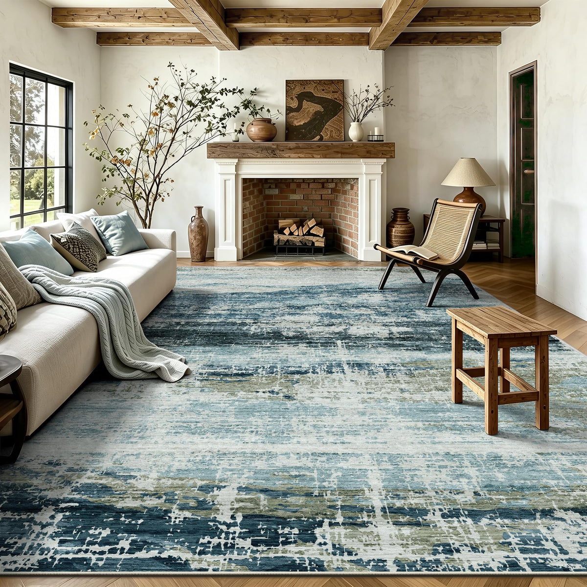 8x10 Area Rugs, Abstract Morden Soft Washable Rug, Non-Slip Low Pile Rugs for Living Room, Bedroom, Dining Room, Home, Office(Ocean Blue)