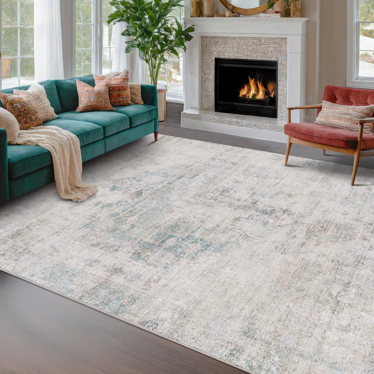 Farmhouse 8x10 Washable Area Rugs for Living Room, Neutral Taupe Brown Abstract Rug for Dining Room and Bedroom, Soft Foldable Low Pile Carpet, Stain Resistant Non-Slip Backing, Distressed Design