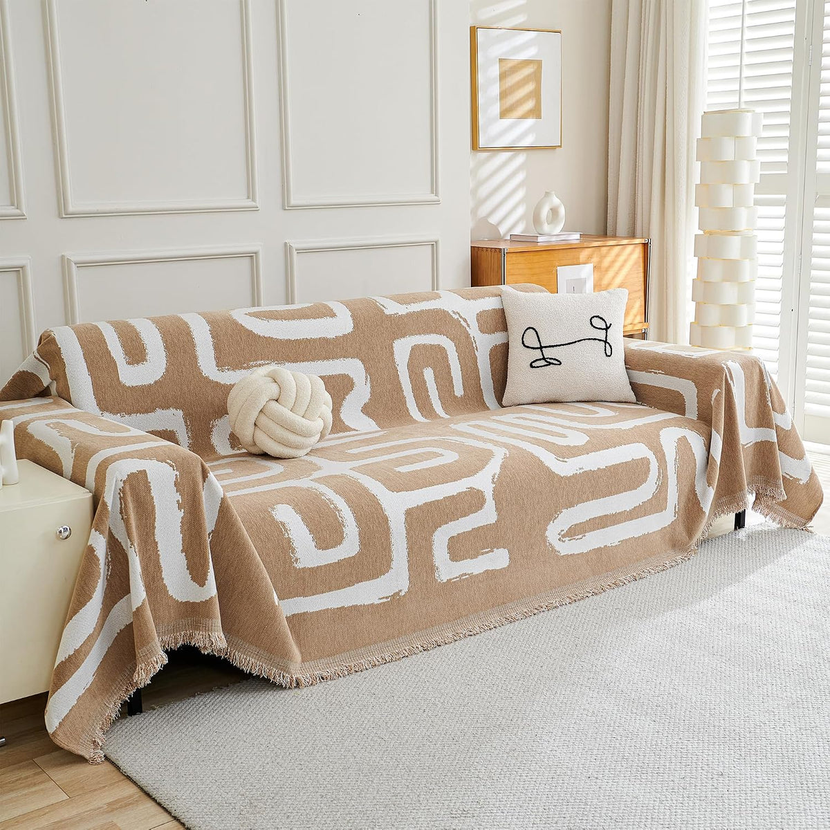 MEETSKY Couch Cover Sofa Covers Couch Covers for 3 Cushion Couch Sofa Pet Friendly, L Shaped Sectional Sofa Covers Washable Simply Put Sofa Throw Cover for Dogs, 91" x 134", Beige