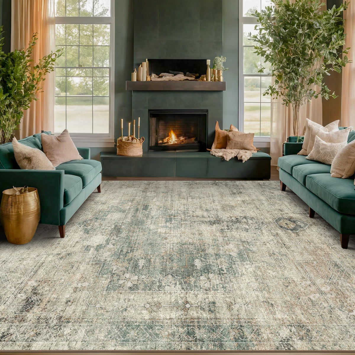 Farmhouse 8x10 Washable Area Rugs for Living Room, Neutral Taupe Brown Abstract Rug for Dining Room and Bedroom, Soft Foldable Low Pile Carpet, Stain Resistant Non-Slip Backing, Distressed Design