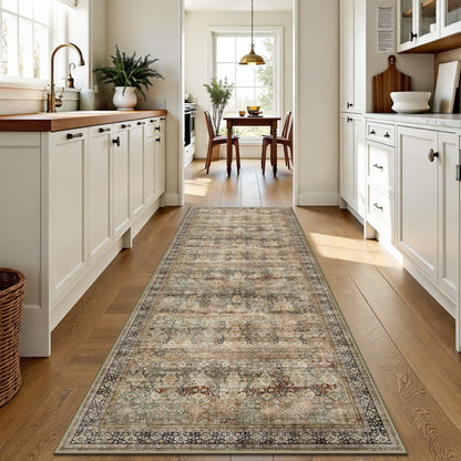8x10 Area Rugs for Living Room - Washable Vintage Retro Large Rug, Soft Ultra Thin Non Slip Low Pile Traditional Distressed Boho Carpet for Bedroom Dining Room Home Office, Charcoal Olive