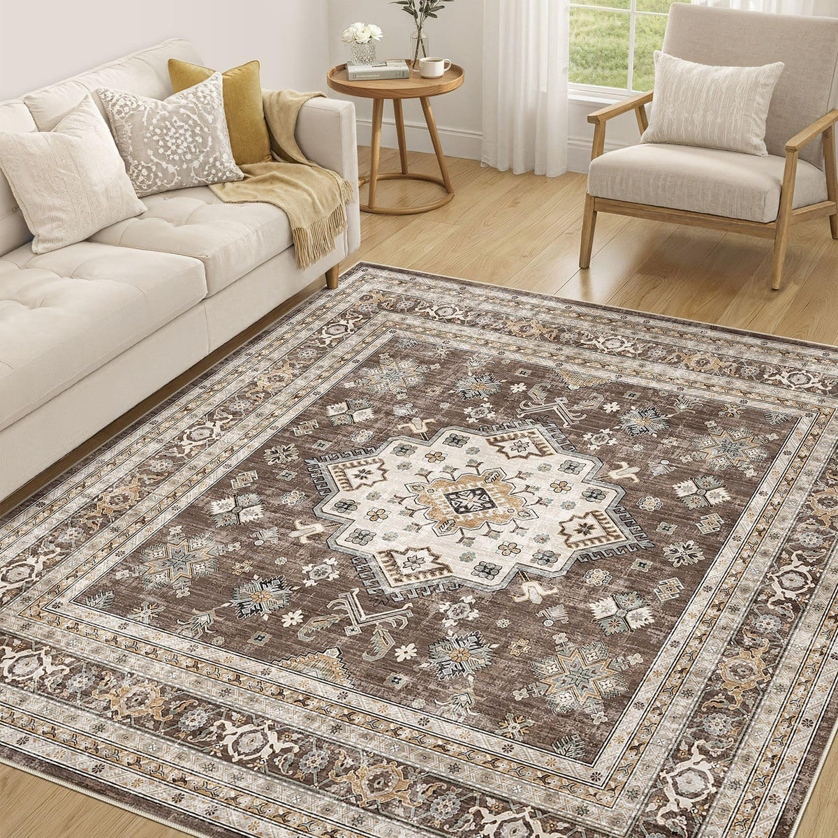 cotiled 9x12 Area Rug for Living Room, Washable, Traditional, Beige